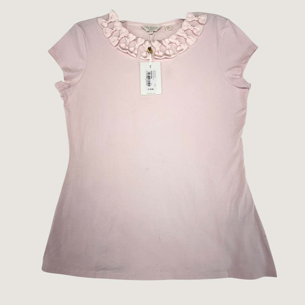 Ted Baker‎ Charre Bow Neck Trim Detail Tee Nude Pink Size 4 NEW